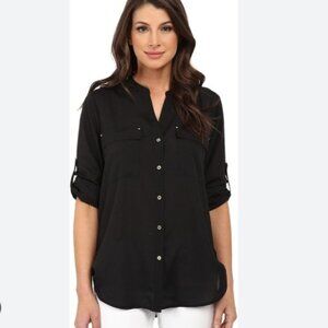 NWT Calvin Klein Black Button Front Utility Blouse Women XL Roll Tab Sleeve Chic